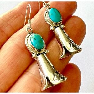 Navajo Turquoise Earrings Squash Blossom 1.75in Sterling 925 Native Amer Hook